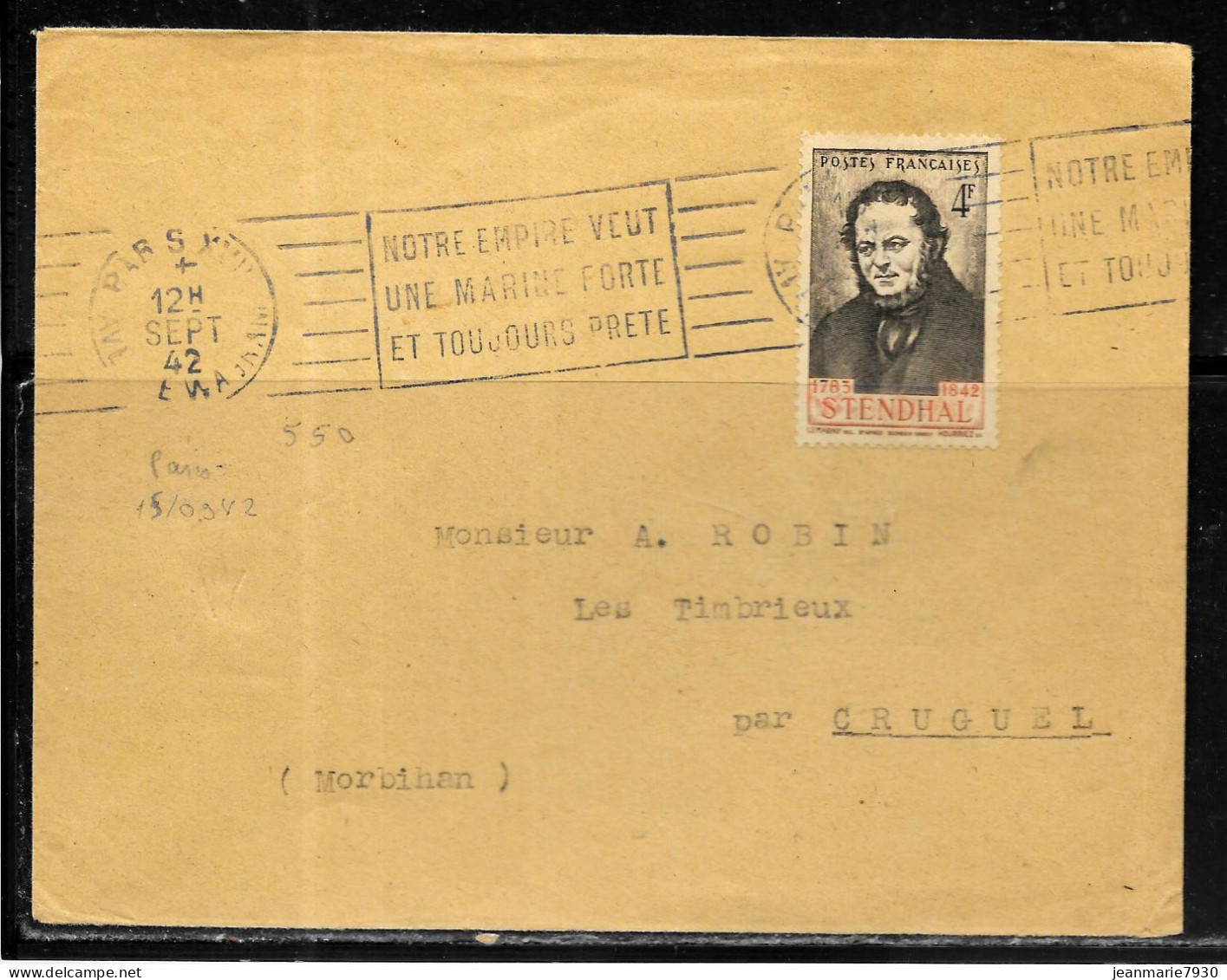 F274 - SEUL SUR LETTRE - N° 550 SUR LETTRE DE PARIS DU 15/09/42 POUR CRUGUEL MORBIHAN - 1921-1960: Moderne