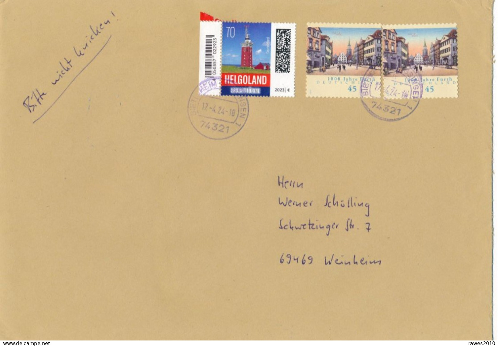 BRD / Bund Mi. 3774 Li. Rand Leuchtturm Helgoland + 2x Mi. 2584 Fürth TGST Bietigheim - Biss. 2024 - Storia Postale