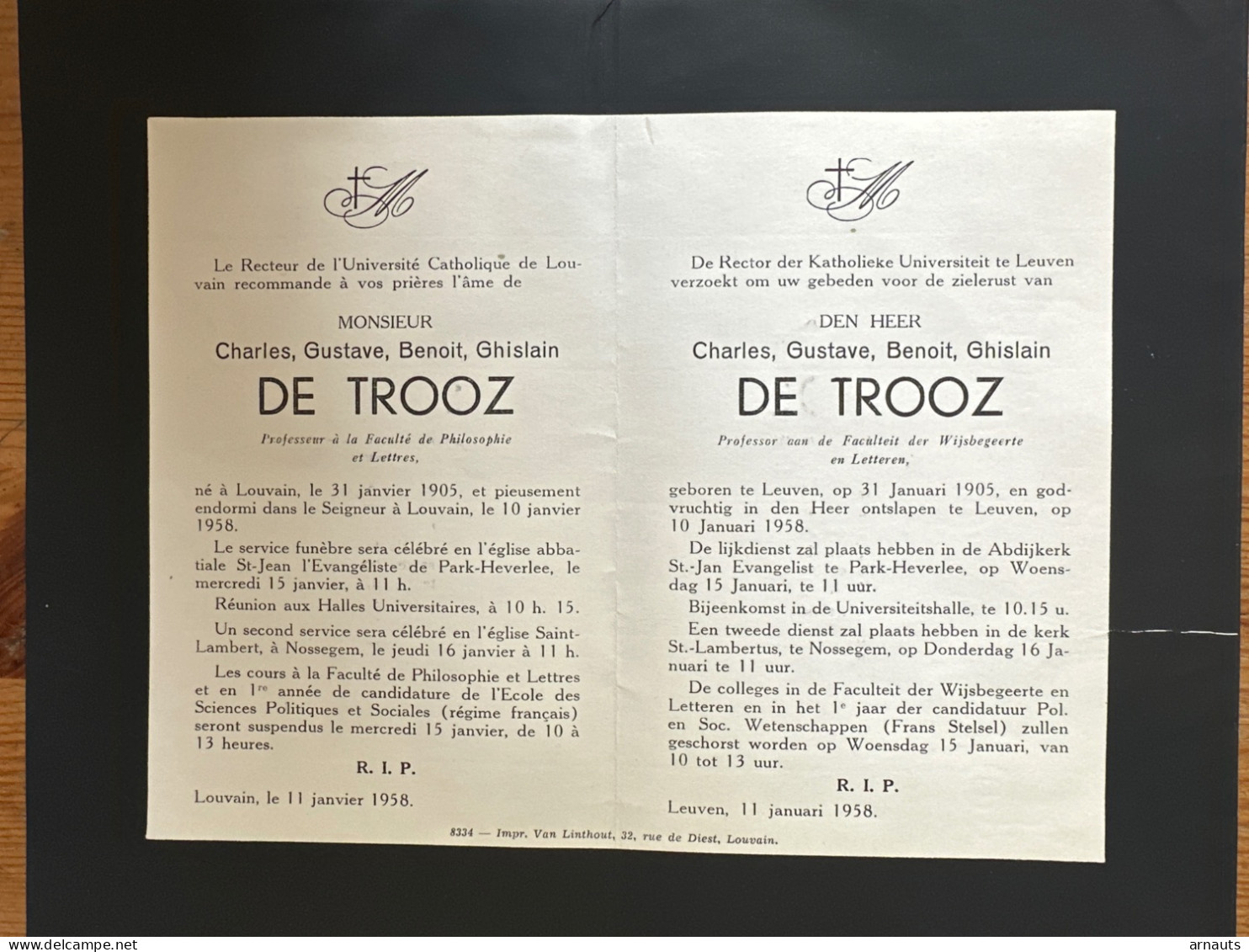 Rector Kath. Univ Leuven KUL U Gebed Mr Charles De Trooz *1905 Louvain +1958 Leuven Nossegem Prof Fac.wijsbegeerte - Obituary Notices