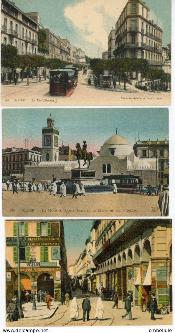 3 CPA  ALGER. Rue Michelet, Mosquée Djemaa Djedid Et Statue Duc D'Orléans, Rue Bab Saadouck - Algerien