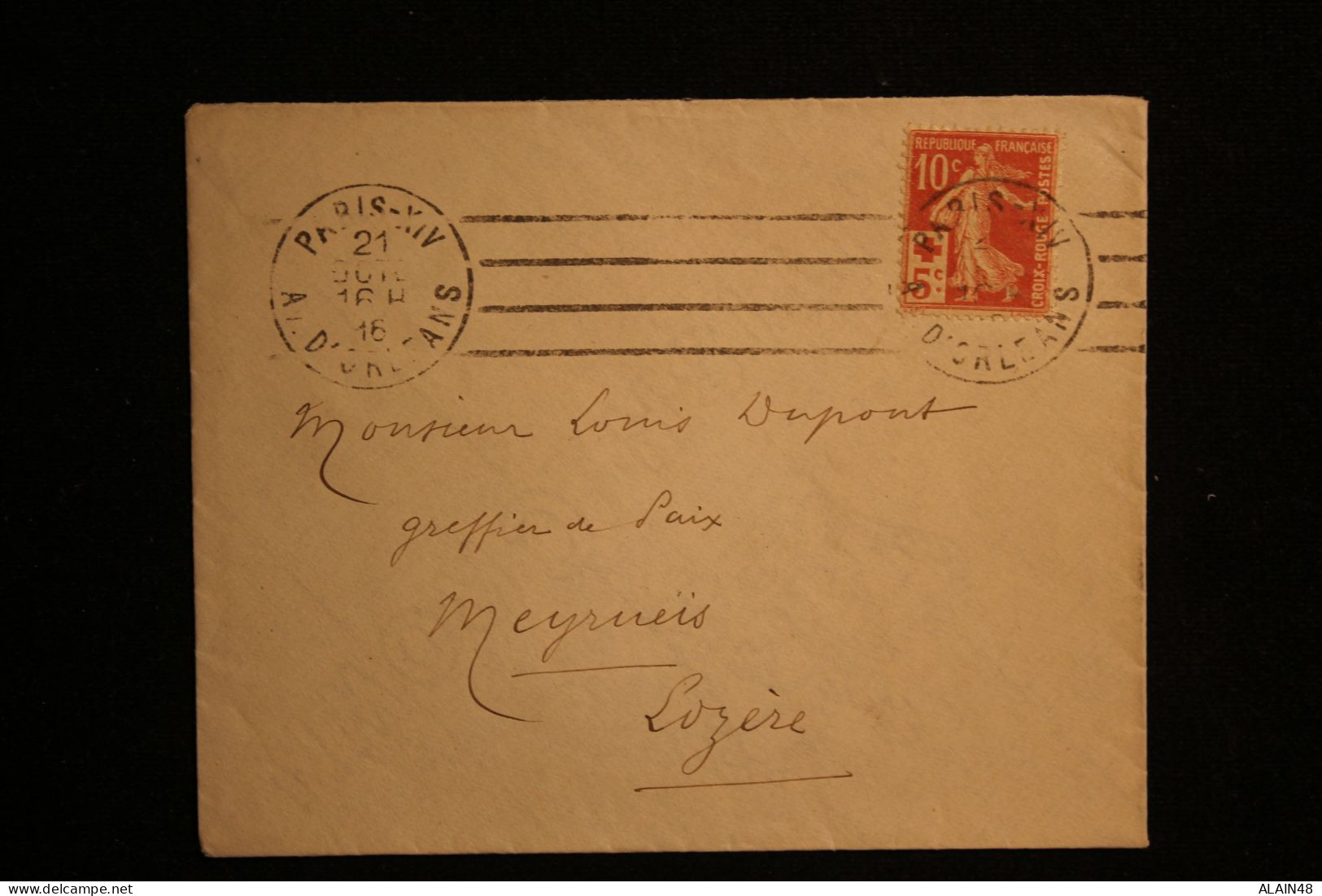 FRANCE LETTRE PARIS XIV AV D'ORLEANS POUR MEYRUEIS (LOZERE) AVEC N°147 SEMEUSE CROIX ROUGE DU 21.10.1916 - Lettres & Documents