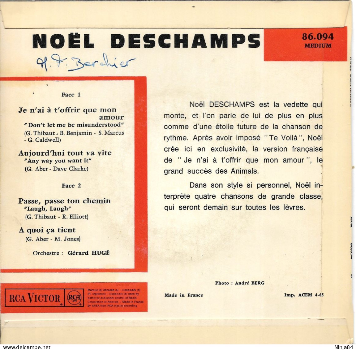 EP 45 RPM (7") Noël Deschamps  "  Je N'ai à T'offrir Que Mon Amour  " - Otros - Canción Francesa