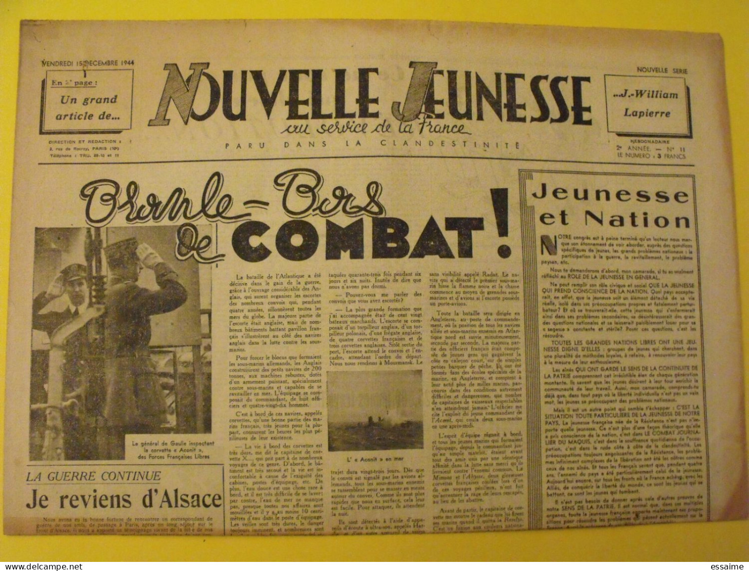 Nouvelle Jeunesse N° 11 Du 15 Décembre 1944. De Gaulle Alsace Lorraine - Guerre 1939-45