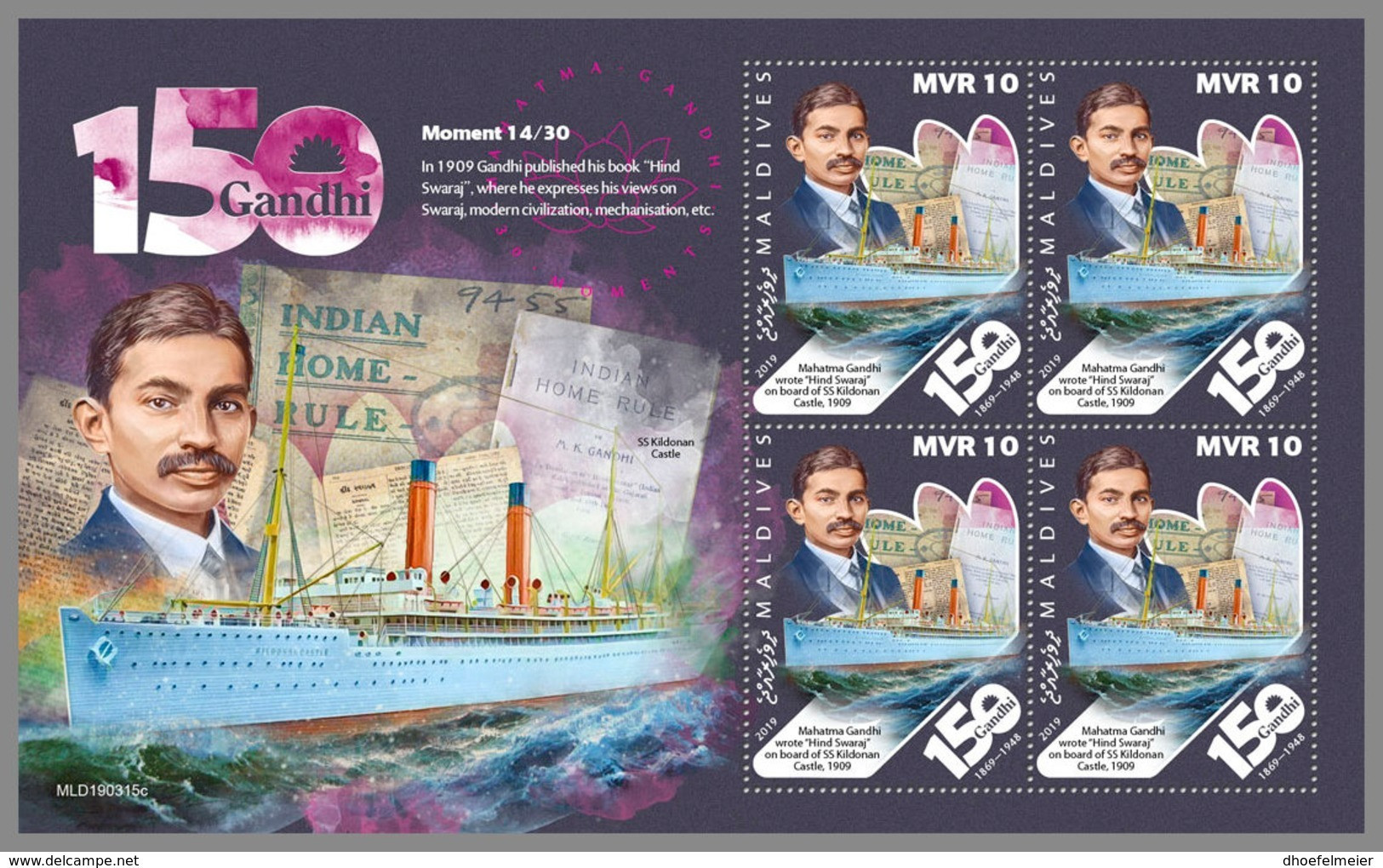 MALDIVES 2019 MNH Mahatma Gandhi Moments SS Kildonan Castle 14/30 M/S - OFFICIAL ISSUE - DH1928 - Mahatma Gandhi