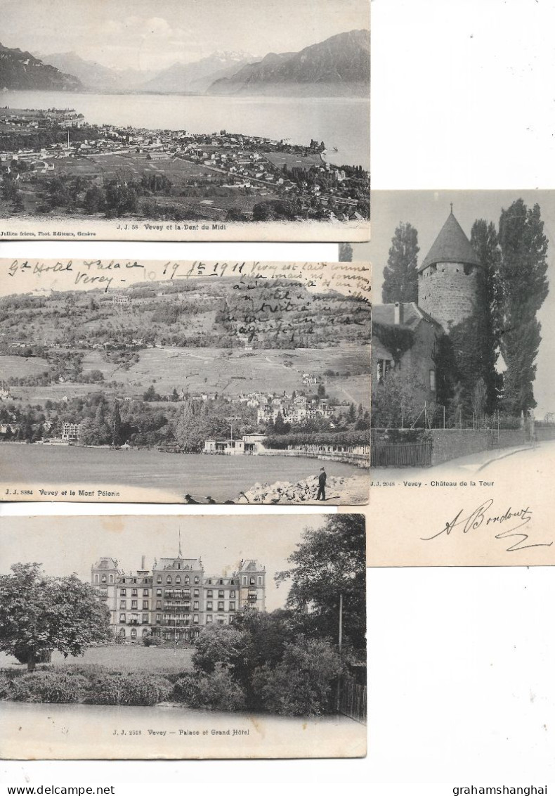 4 Postcards Lot Switzerland VD Vevey General Views Grand Hotel Chateau De La Tour All Published Jullien Posted 1911-1914 - Vevey