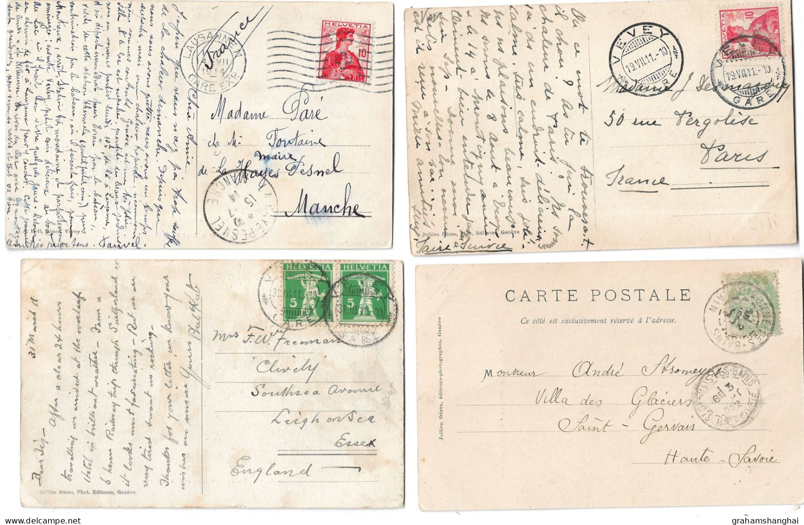 4 Postcards Lot Switzerland VD Vevey General Views Grand Hotel Chateau De La Tour All Published Jullien Posted 1911-1914 - Vevey