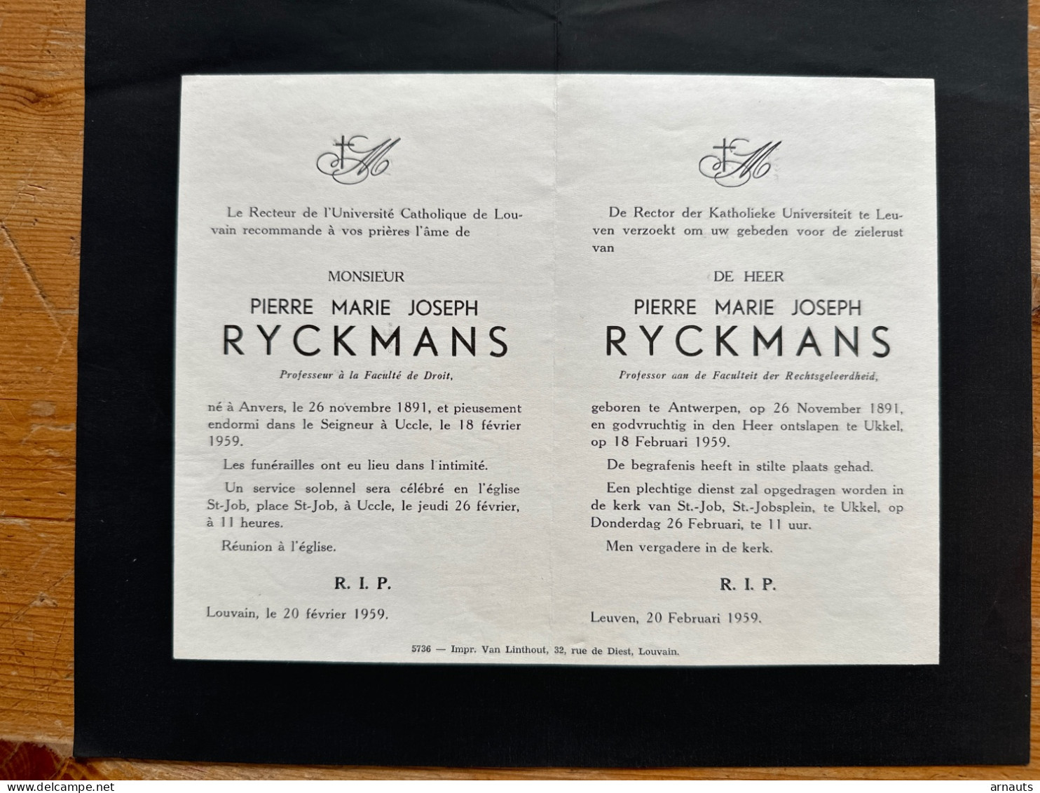 Rector Kath. Univ Leuven KUL U Gebed Heer Pierre Ryckmans *1891 Anvers +1959 Uccle Prof Fac. Rechtsgeleerdheid - Obituary Notices