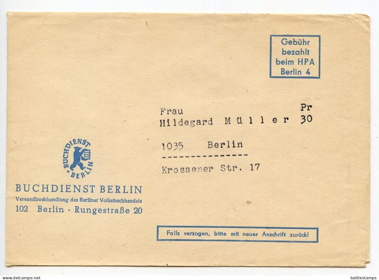 Germany, East 1980's Gebühr Bezahlt Cover; Berlin - Buchdienst Berlin (Book Service) - Briefe U. Dokumente