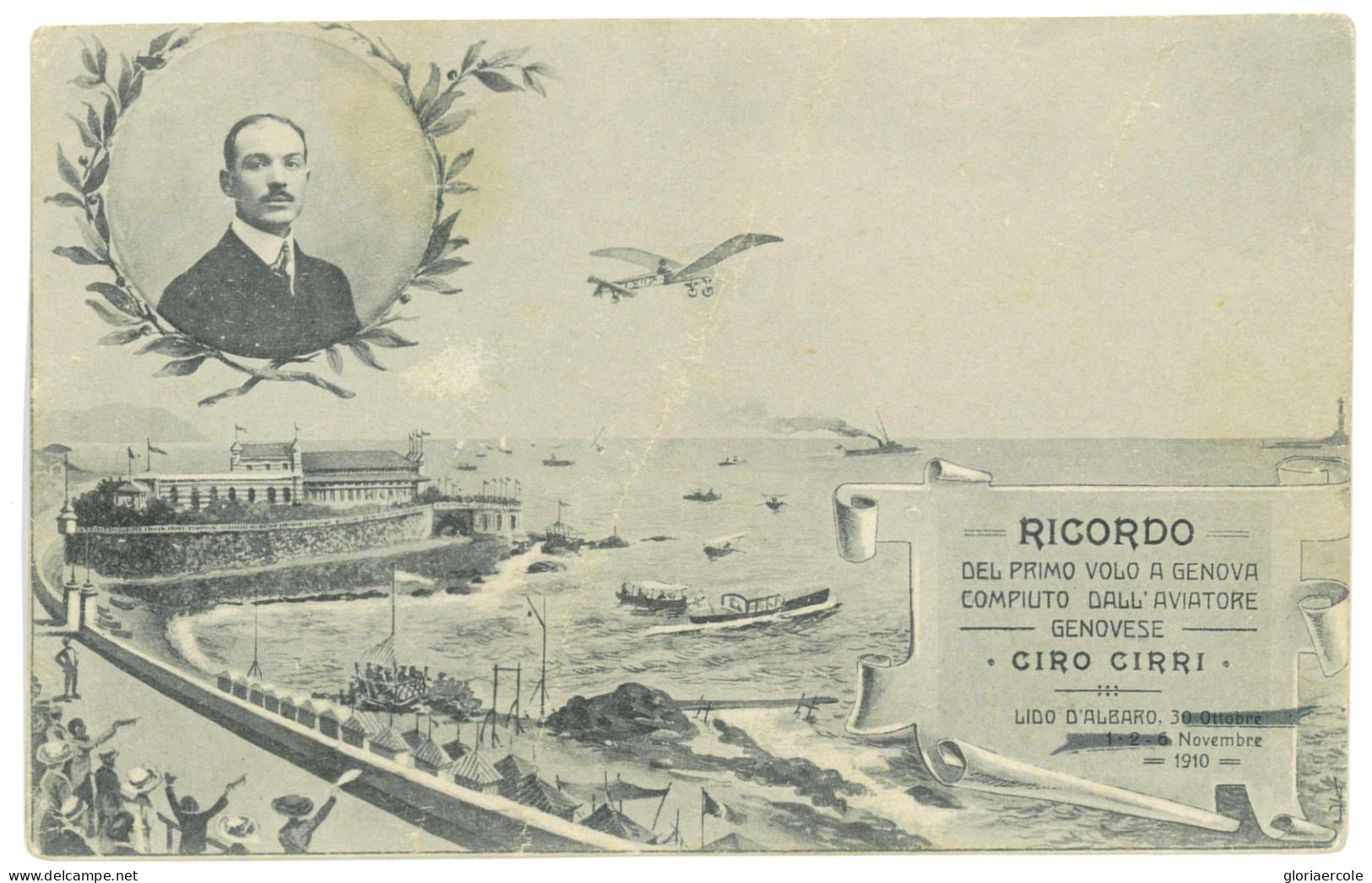 P3041 - ITALIA AVIAZIONE/GENOVA, CARTOLINA COMMEMORATIVA IN OCCASIONE DEL PRIMO VOLO DI CIRO CIRRI, 1910, LONGHI 397 - 1946-60: Gebraucht