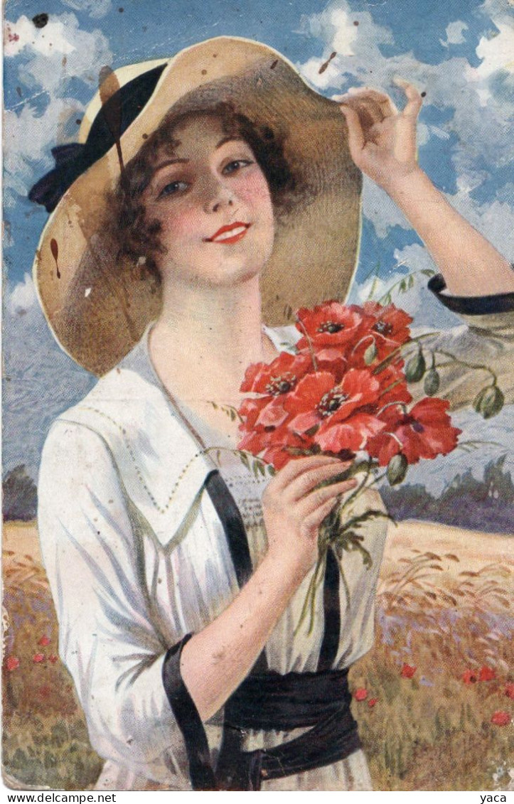 Illustrateur - Femme Et Bouquet De Coquelicots -  Carte Dorée Sur Tranche édit Paris Londres New York - Cartes De Visite