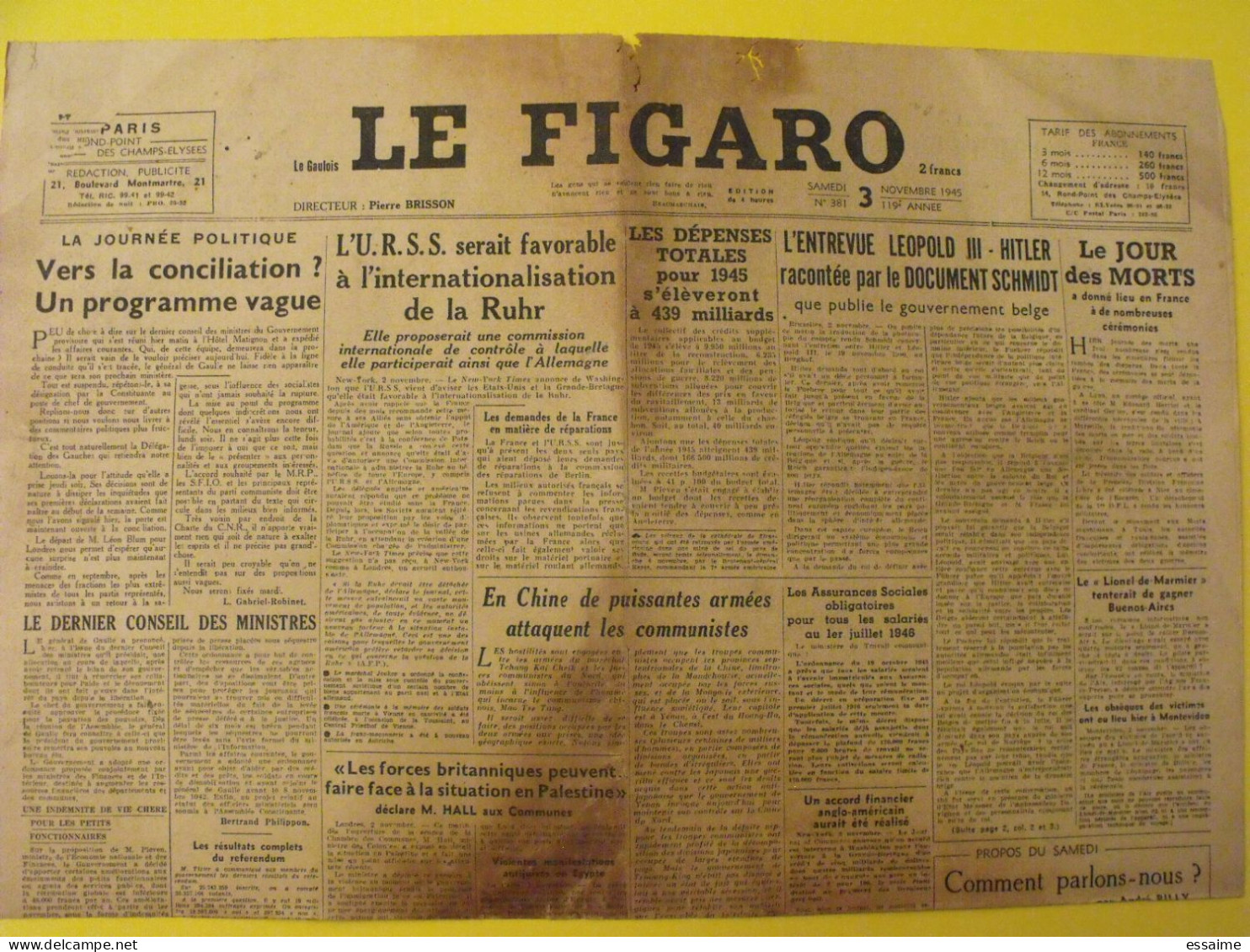 Le Figaro N° 381 Du 3 Novembre 1945. URSS Leopold III Hitler Chine Japon  André Billy - Other & Unclassified