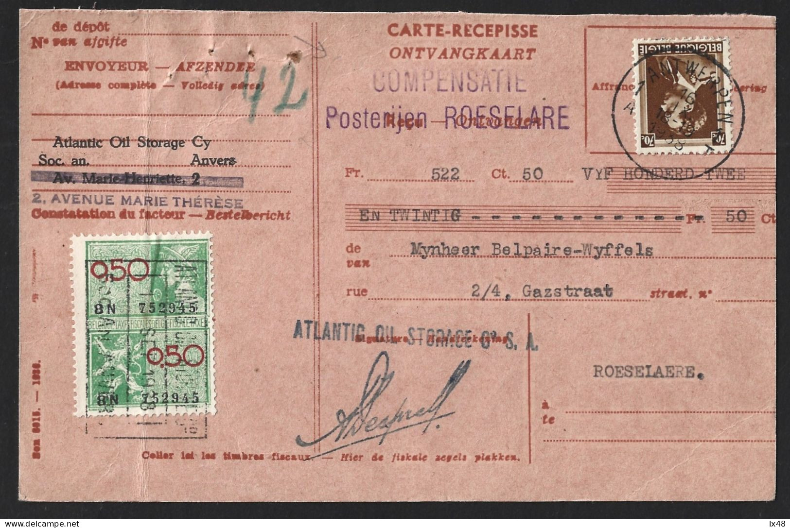 Acknowledgment Of Receipt Obliteration Of Antwerp 1938, Lion Tax Stamp 0.50c. Accusé De Réception Oblitération D'Anvers - Brieven En Documenten