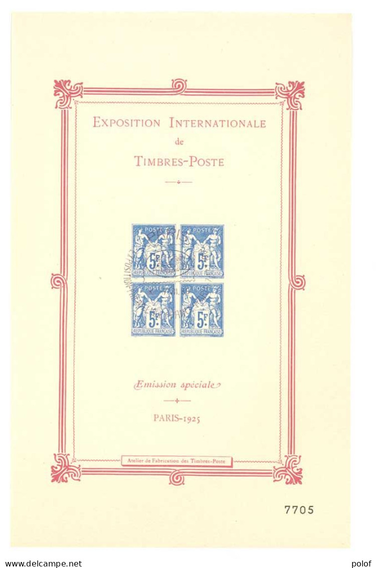BLOC FEUILLET 1 (Bleu Numéroté) Exposition Internationale De Timbres Poste- Emission Spéciale - Paris 1925- Avec Gomme - Used