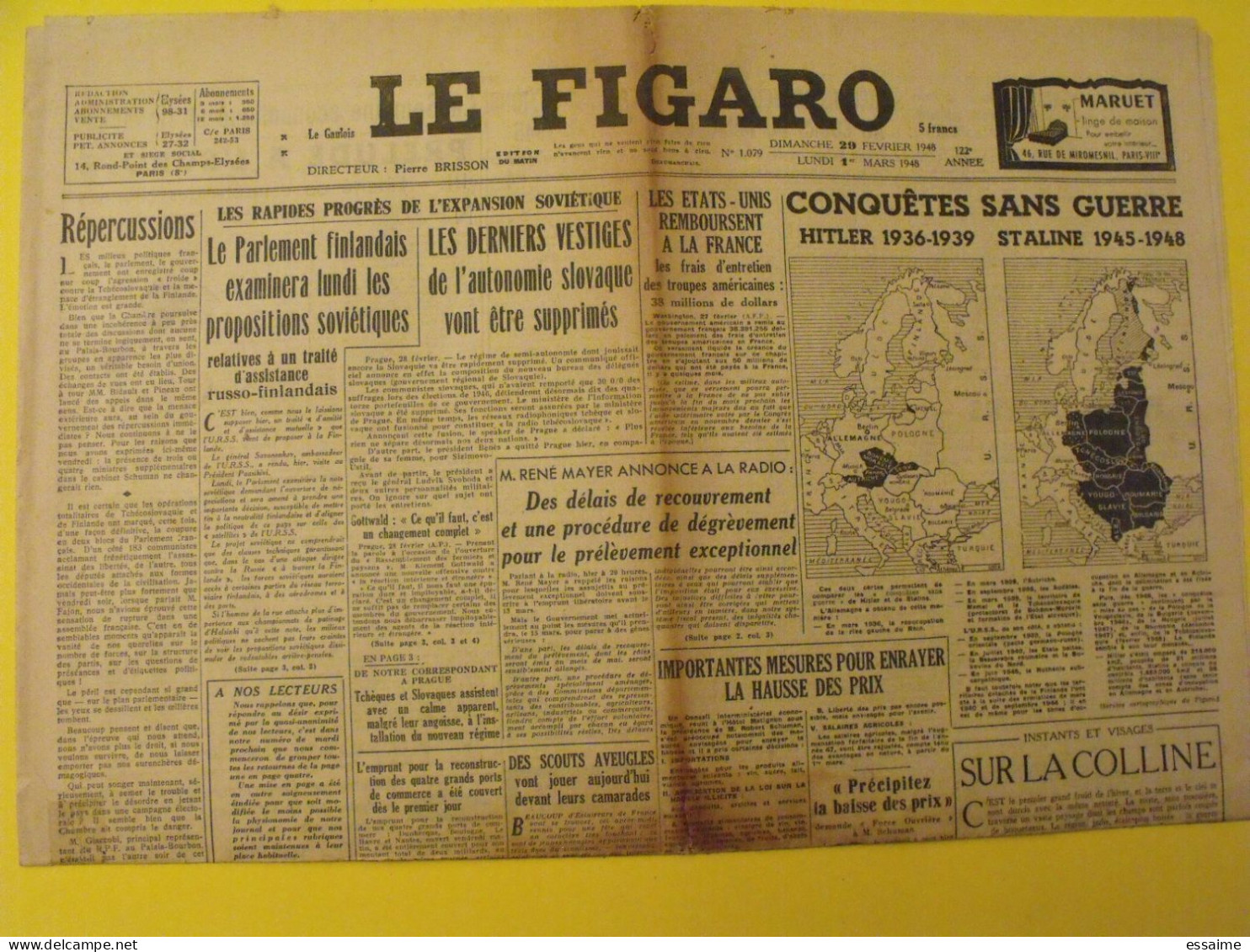 Le Figaro N° 1079 Du 29 Février 1949. Finlande Scouts Senep Staline René Mayer - Other & Unclassified