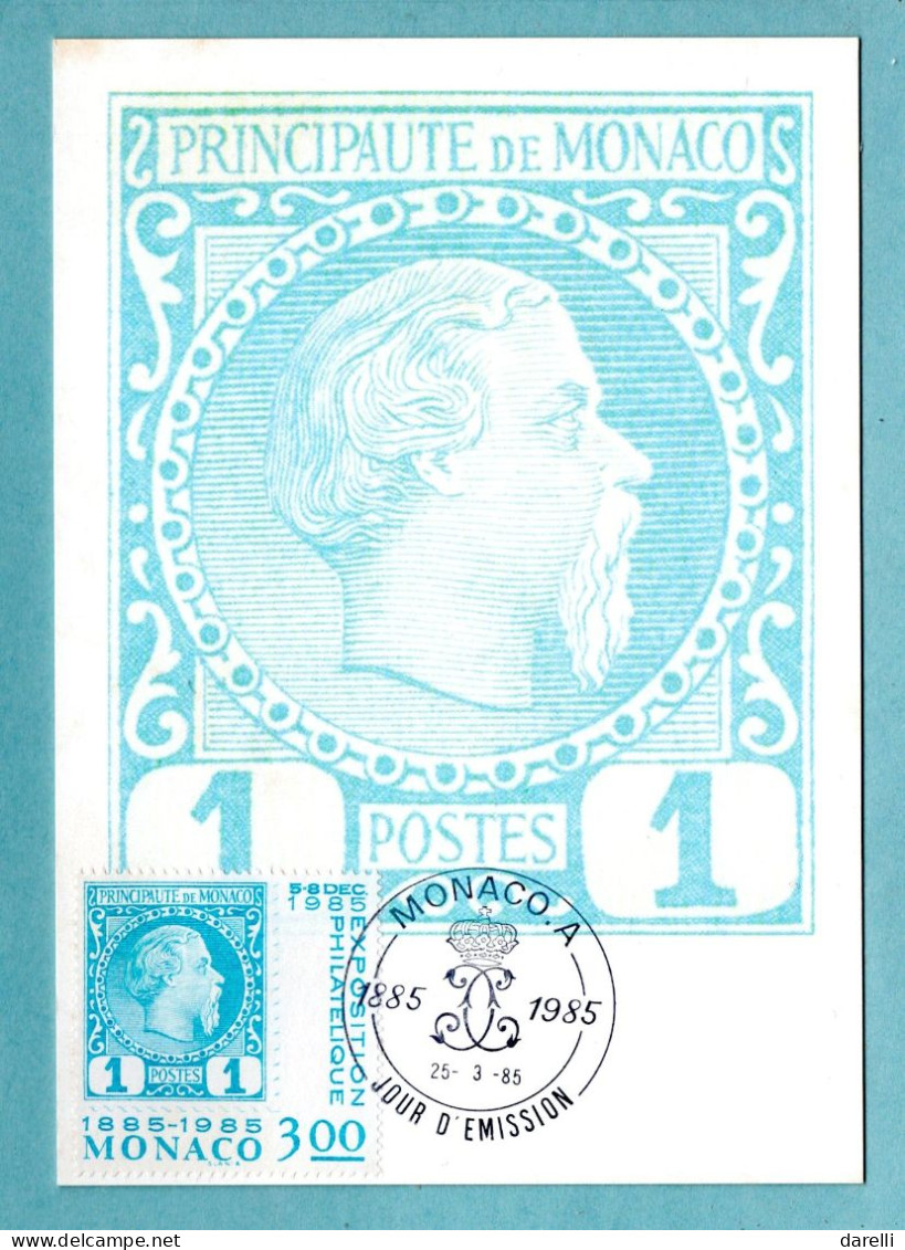 Carte Maximum Monaco 1985 - Exposition Philatélique - Centenaire Du 1er (premier) Timbre De Monaco - YT 1458 - Maximum Cards