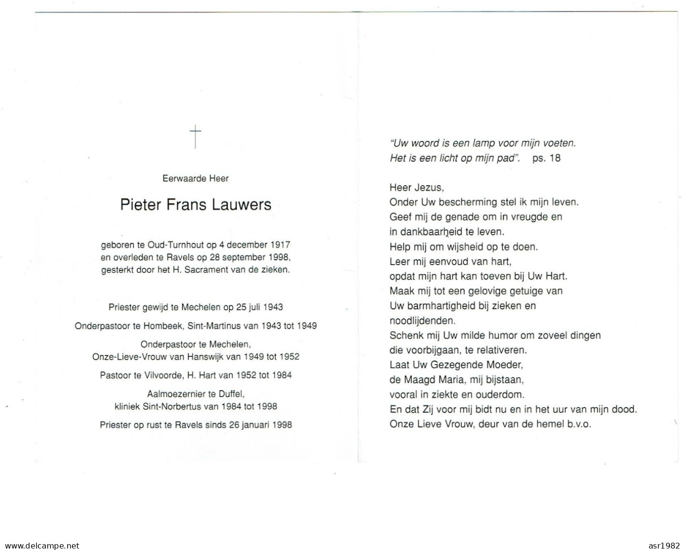 Doodsprentje Pastoor / Priester : Oud-Turnhout - Hombeek-Mechelen-Vilvoorde-Duffel-Ravels . - Religion &  Esoterik