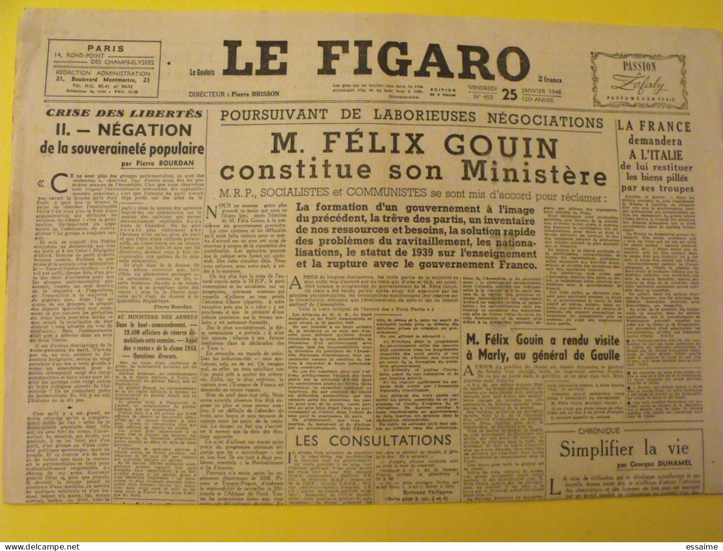 Le Figaro N° 453 Du 25 Janvier 1946. Félix Gouin De Gaulle Georges Duhamel Henriot Pierre Brisson - Other & Unclassified