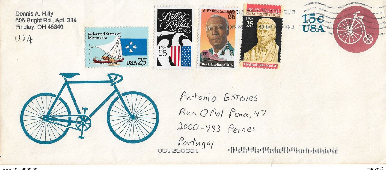 USA Postal Stationery Envelope 1980 , Bicycle , Cycling , Used To Portugal With Aditional Stamps - Ciclismo