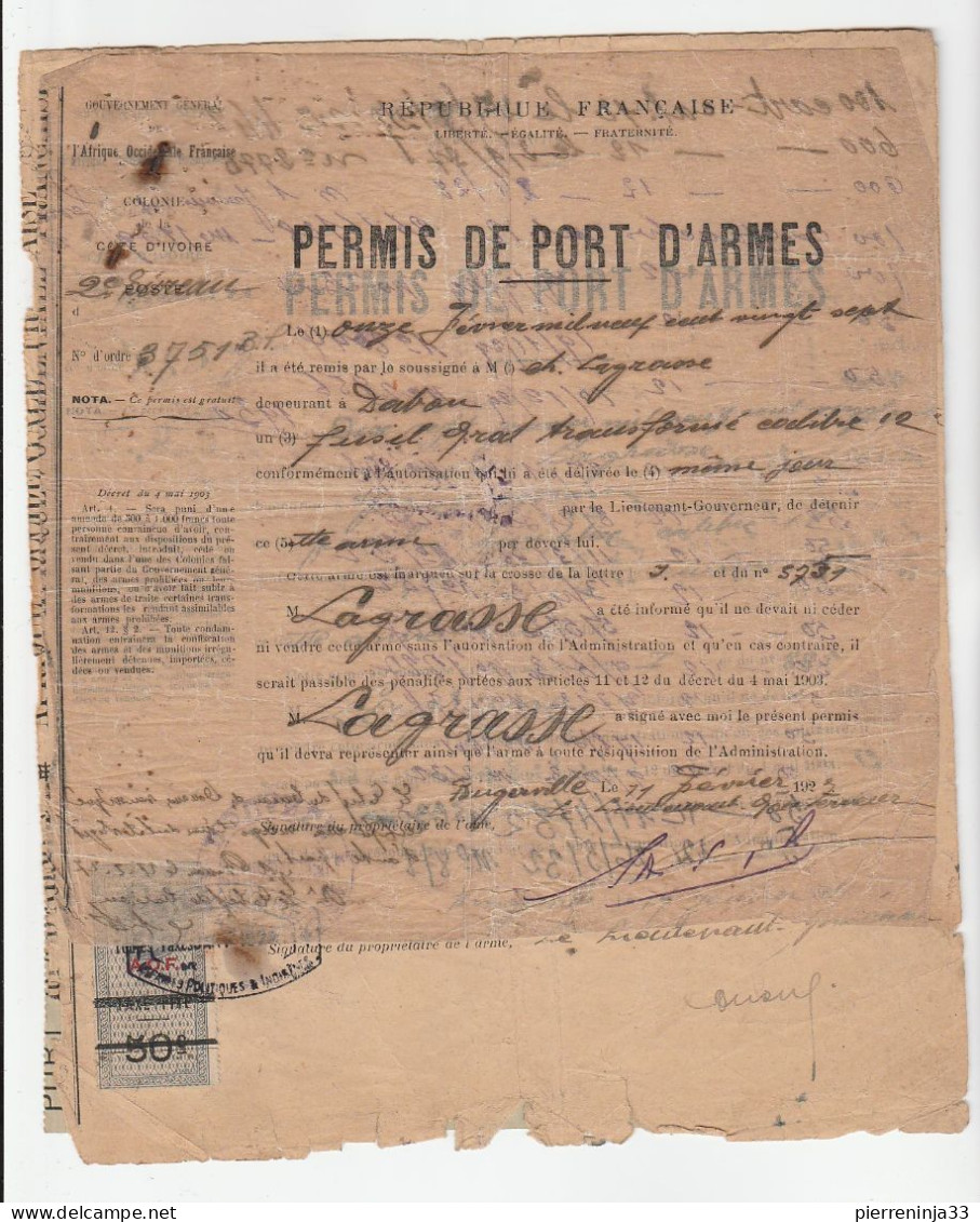 Côte D'Ivoire / Permis De Port D'Armes Avec Timbres Fiscaux 1924 - Lettres & Documents