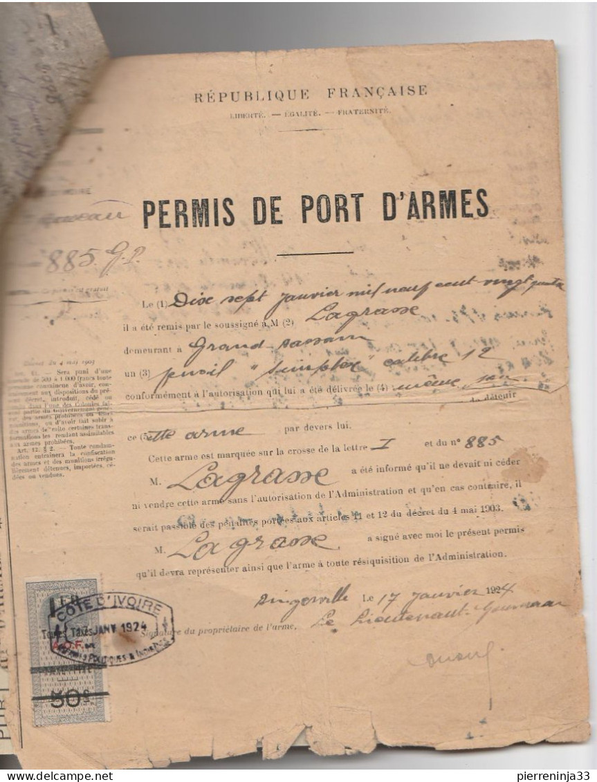 Côte D'Ivoire / Permis De Port D'Armes Avec Timbres Fiscaux 1924 - Lettres & Documents