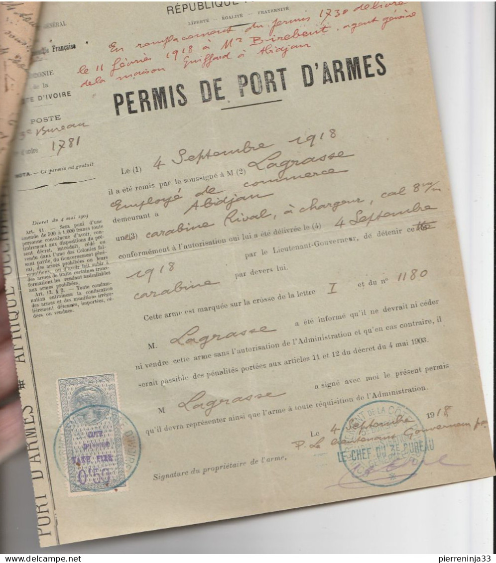 Côte D'Ivoire / Permis De Port D'Armes Avec Timbres Fiscaux 1924 - Covers & Documents