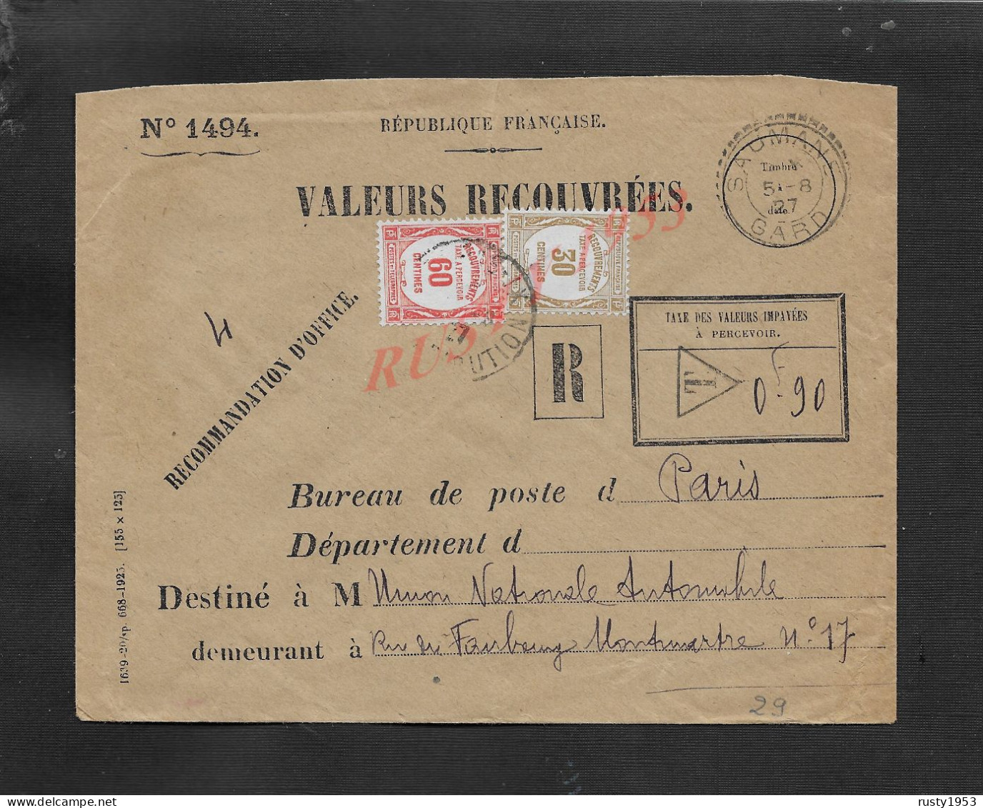 LETTRE VALEURS RECOUVRÉES DE 1927 CACHET SAUMANE SUR TIMBRE TAXE EN R POUR PARIS : - Telegraaf-en Telefoonzegels