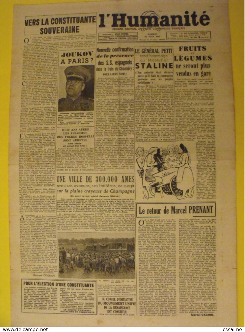 L'Humanité Du 23 Juin 1945. Joukov Staline  SS Espagnols Marcel Prenant Rosselli Suisse Asile Des Nazis - Weltkrieg 1939-45