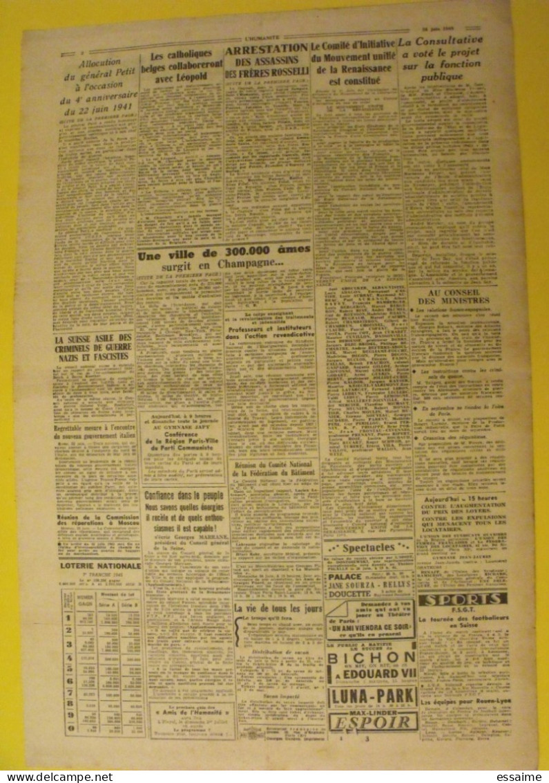 L'Humanité Du 23 Juin 1945. Joukov Staline  SS Espagnols Marcel Prenant Rosselli Suisse Asile Des Nazis - Guerra 1939-45