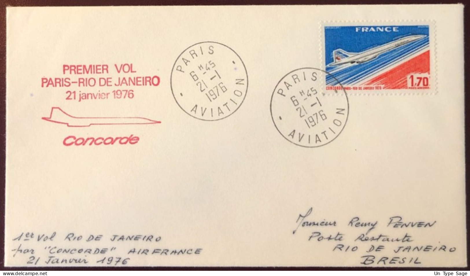 France Premier Vol - CONCORDE - Enveloppe PARIS / RIO DE JANEIRO 21.1.1976 - (W1475) - Premiers Vols