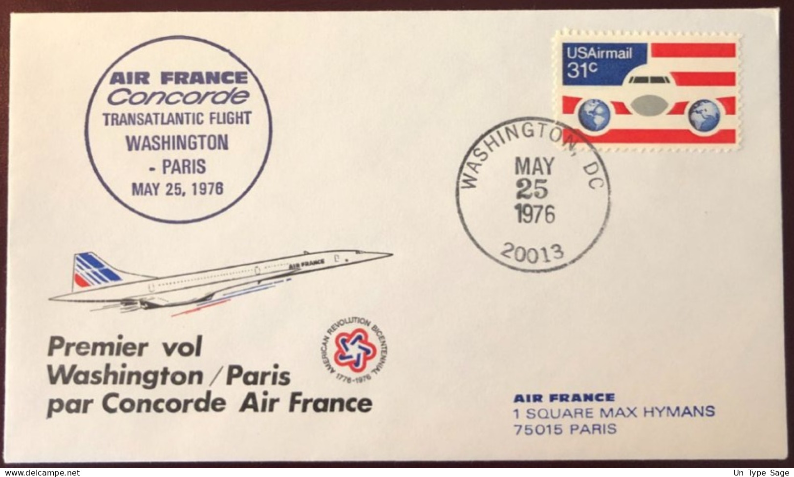 France Premier Vol - CONCORDE - Enveloppe PARIS / WASHINGTON 25.5.1976 - (W1477) - Erst- U. Sonderflugbriefe