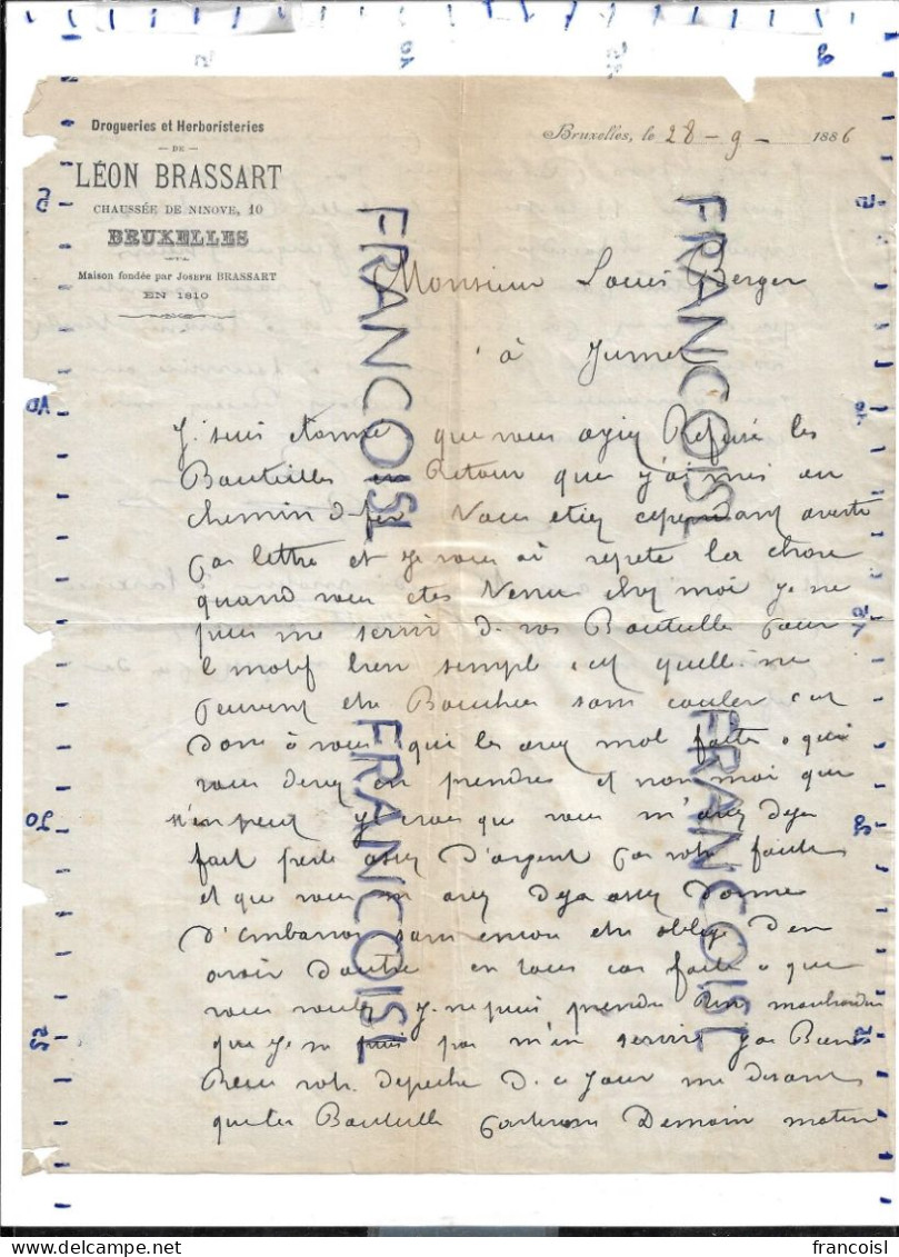 Lettre Commerciale Des Drogueries Et Herboristeries De Léon Brassart En 1886 à M. Louis Berge à Jumet - 1800 – 1899