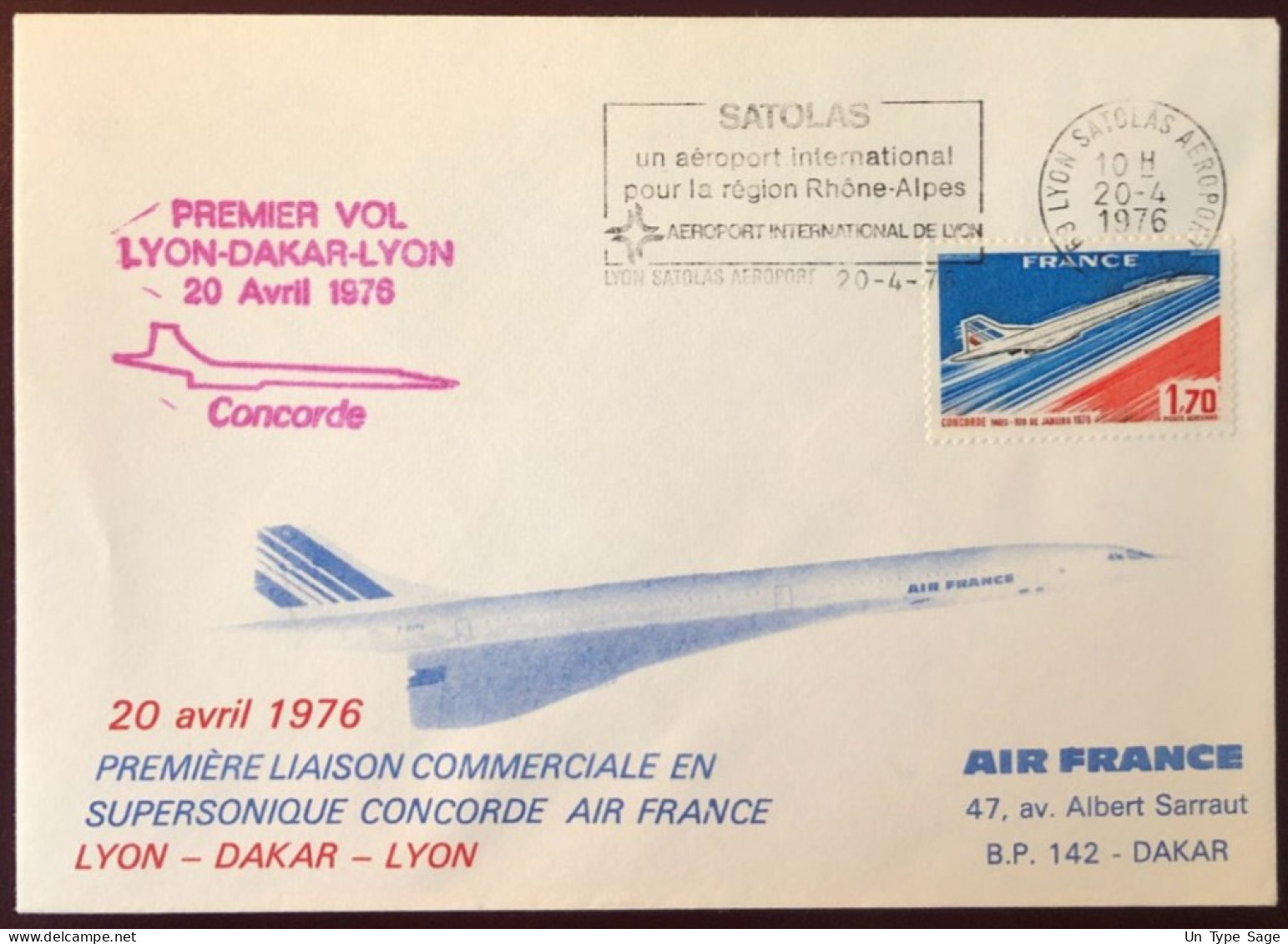 France Premier Vol - CONCORDE - Enveloppe LYON / DAKAR / LYON 20.4.1976 - (W1481) - Premiers Vols