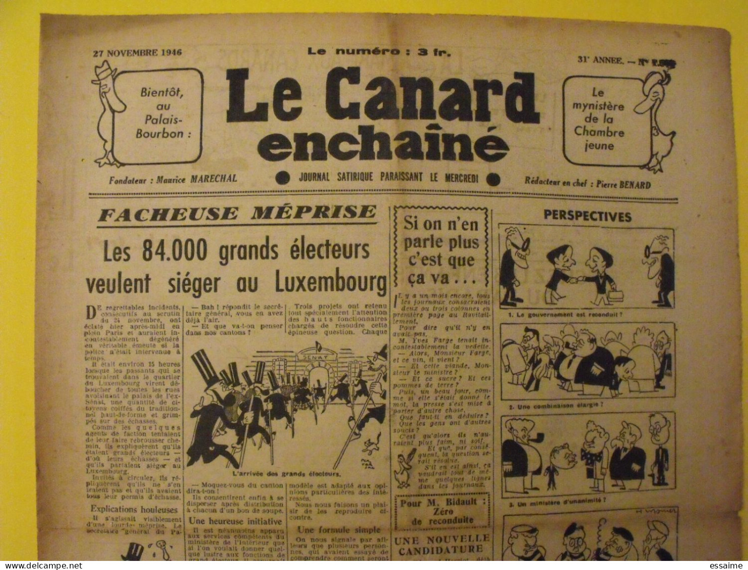 Hebdo Le Canard Enchaîné Du 27 Novembre 1946. Benard Bidault Herriot Sartre - Sonstige & Ohne Zuordnung