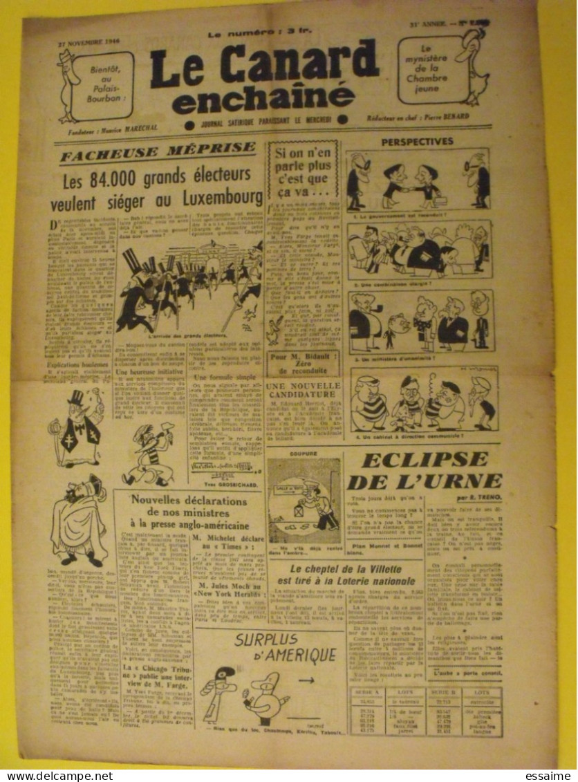 Hebdo Le Canard Enchaîné Du 27 Novembre 1946. Benard Bidault Herriot Sartre - Sonstige & Ohne Zuordnung