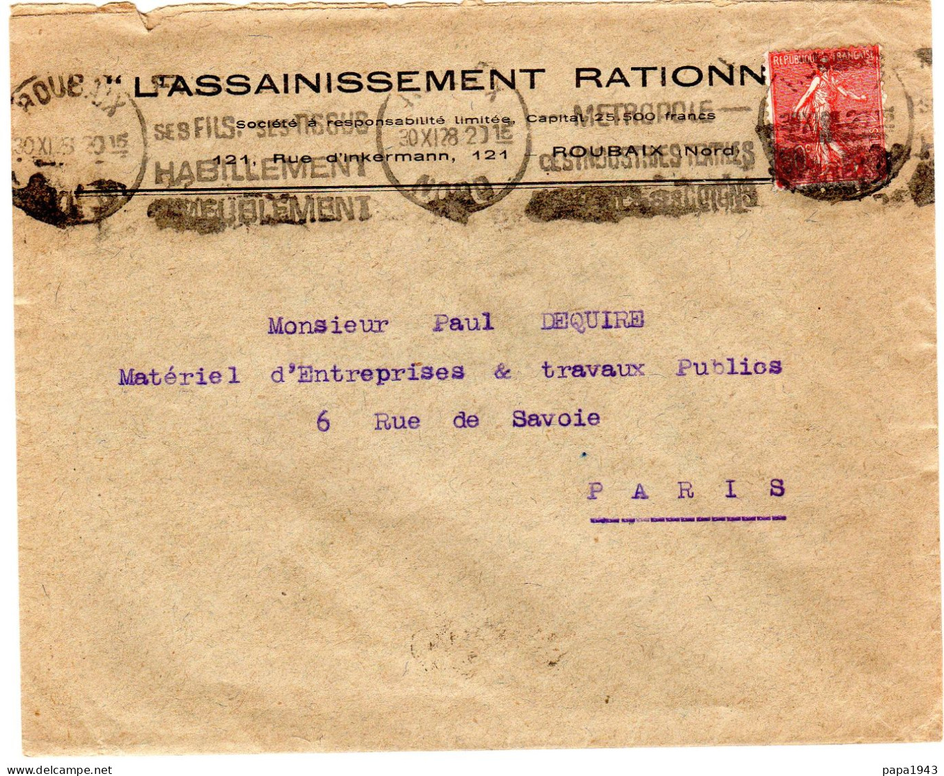 1928  CAD ROUBAIX NORD " L' ASSAINISSEMENT RATIONNEL " - Cartas & Documentos