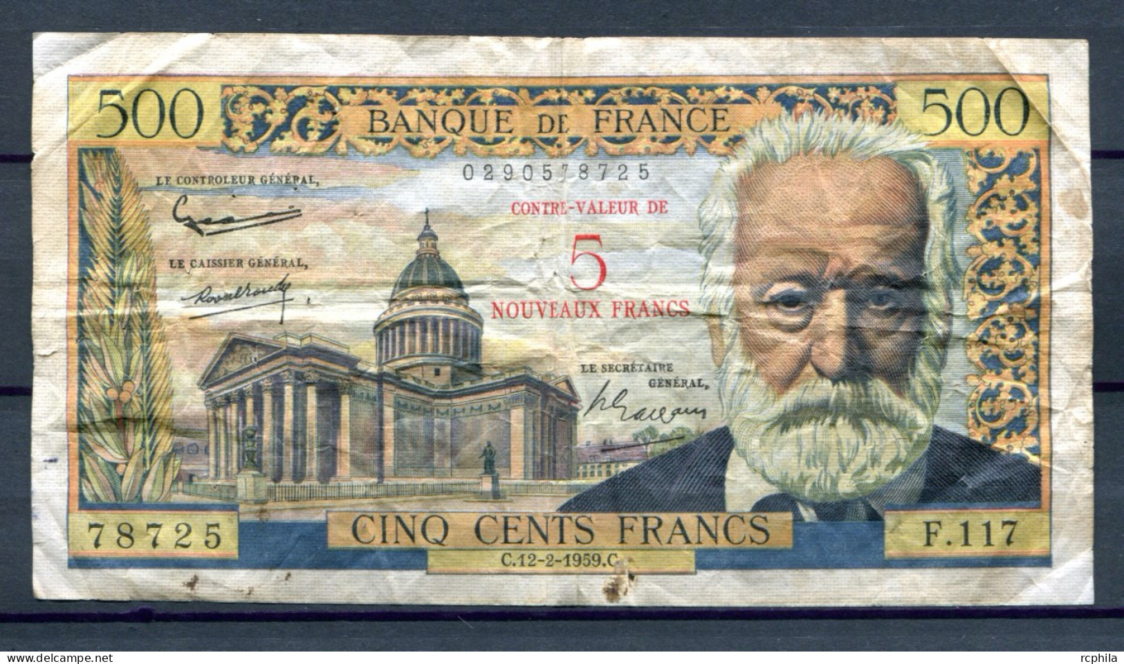 RC 27460 FRANCE 1959 - 5NF SUR 500F VICTOR HUGO - 1955-1959 Overprinted With ''Nouveaux Francs''