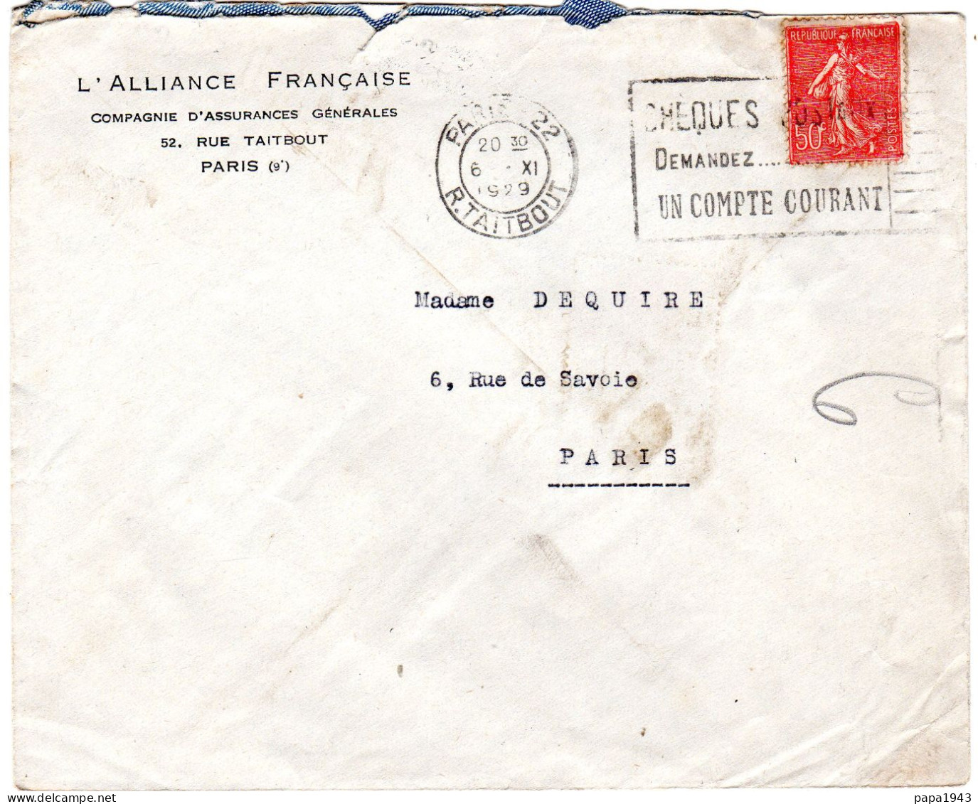 1929  CAD PARIS 22 Rue Taitbout  "  L'ALLIANCE FRANCAISE " - Covers & Documents