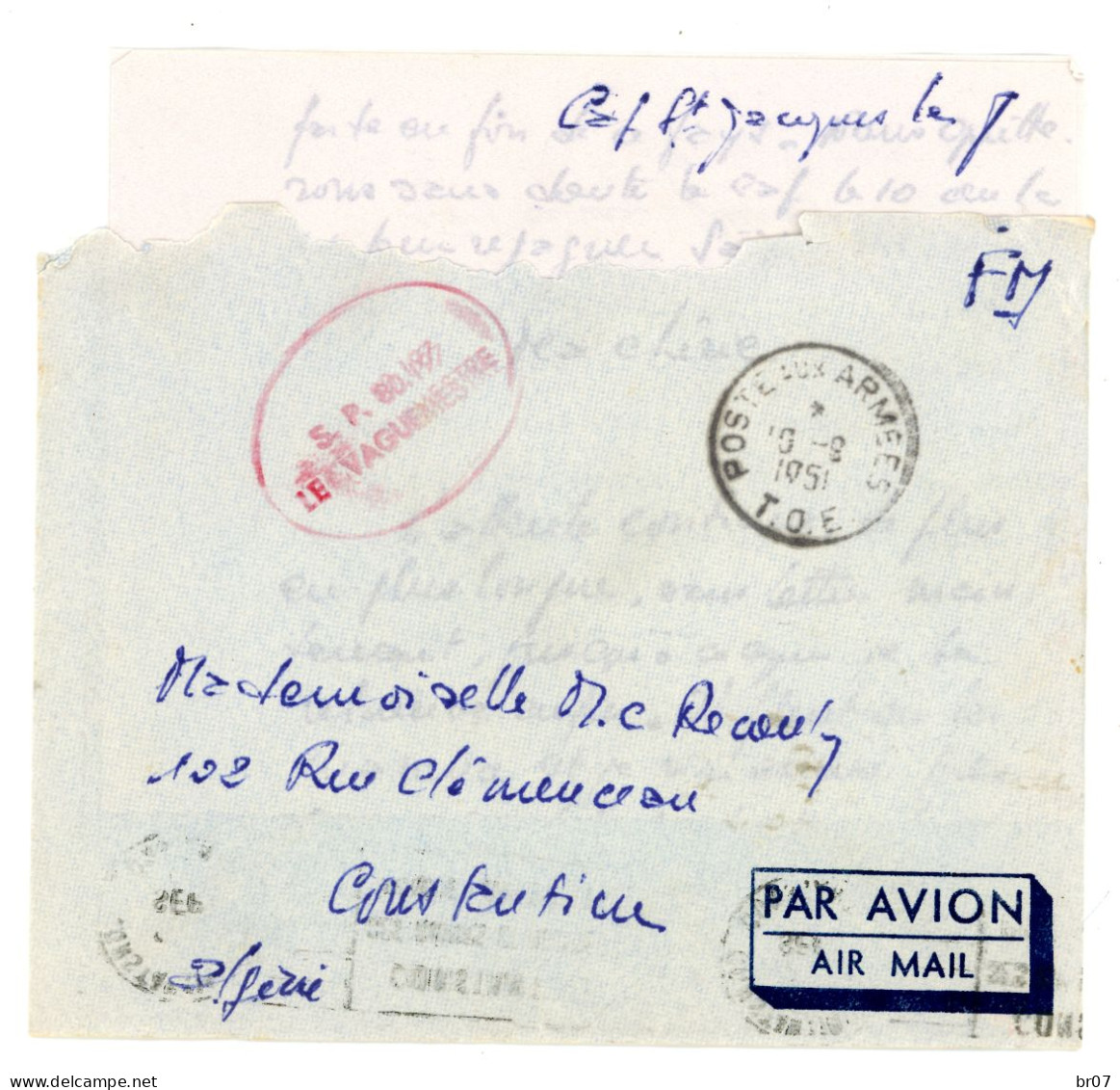 GUERRE INDOCHINE ENV+LAC 1951 DATEE CAF ST JACQUES POSTE AUX ARMEES TOE SP 80197 EXP SP 52352 5°CIE CUIRASSIERS => ALGER - War Of Indo-China / Vietnam