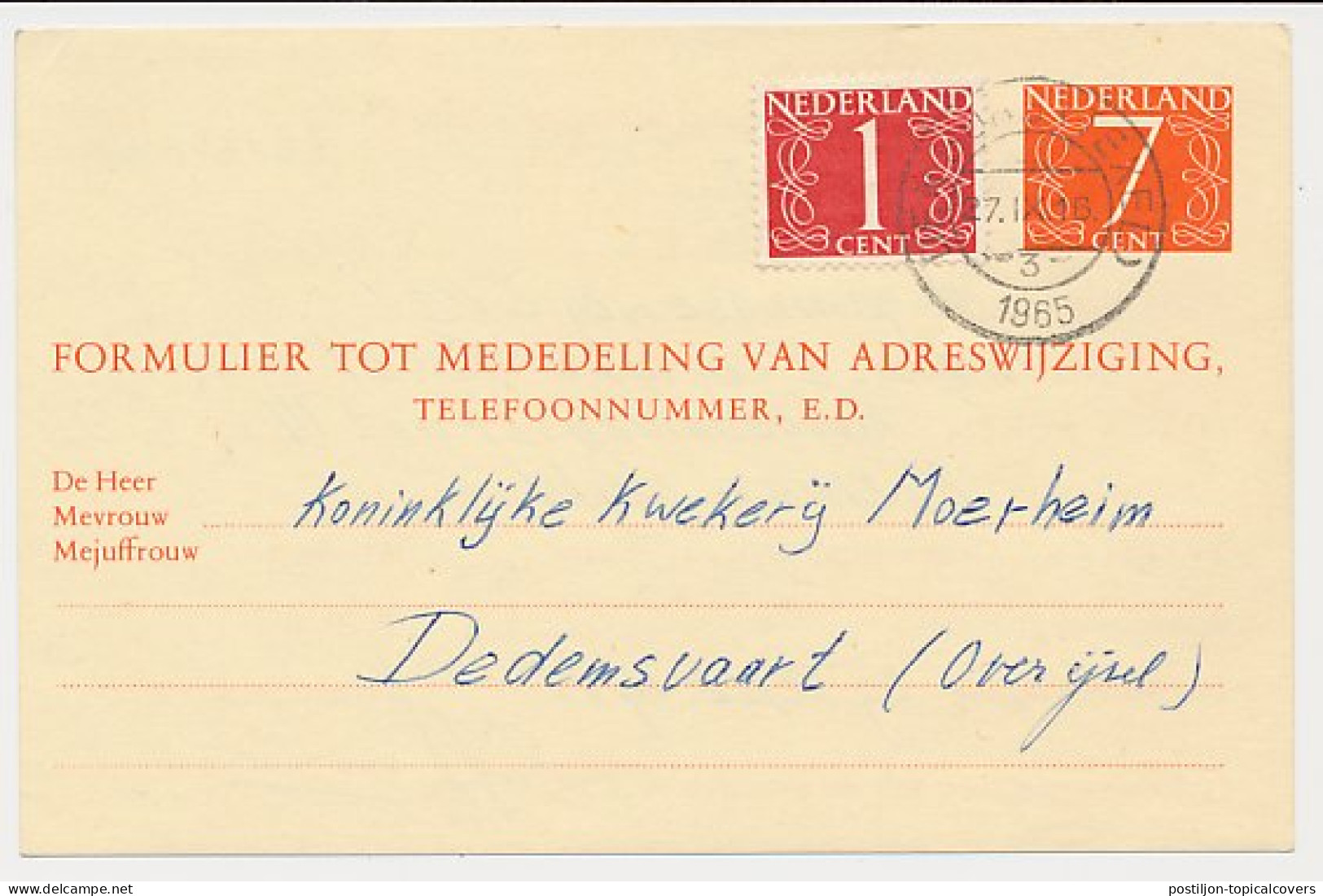 Verhuiskaart G. 30 Texel - Dedemsvaart 1965 - Entiers Postaux