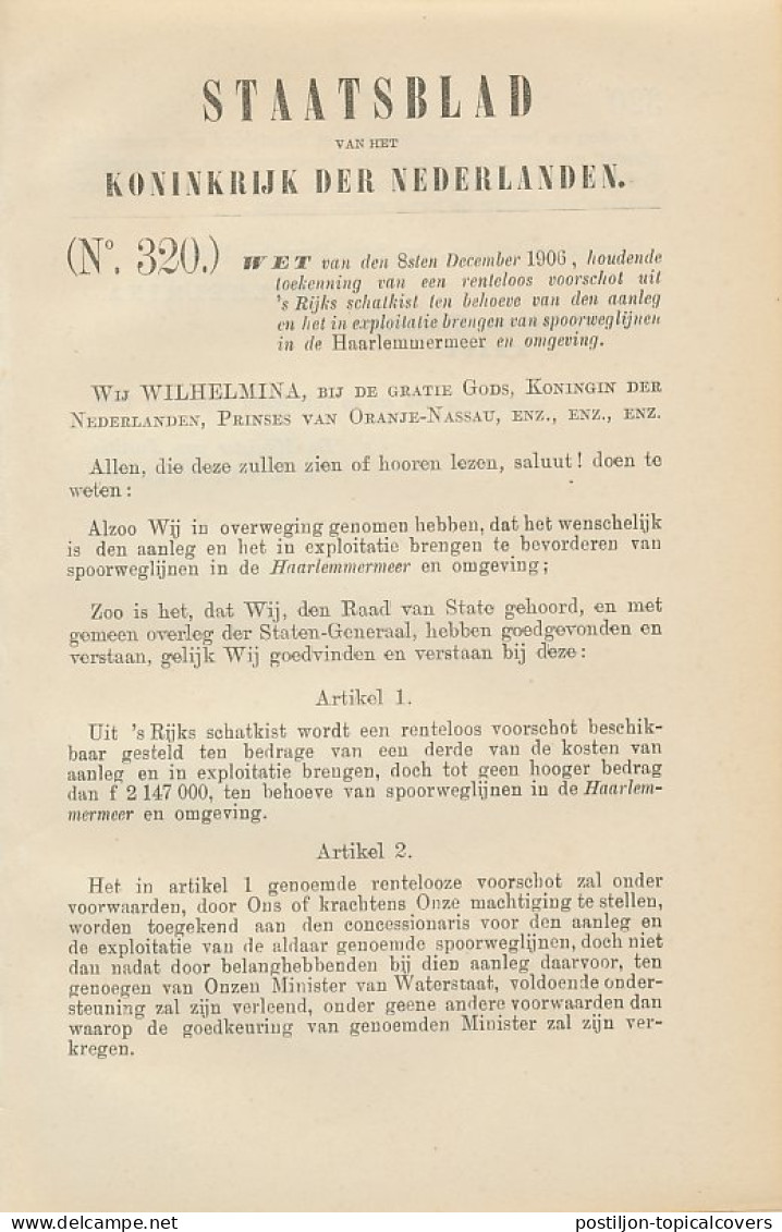 Staatsblad 1906 : Spoorlijn Haarlemmermeer - Documents Historiques