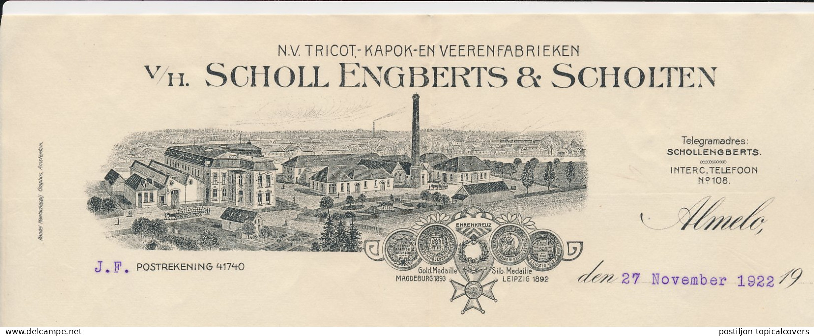 Envelop / Brief Almelo 1922 - Tricot- Kapok En Veerenfabriek - Paesi Bassi