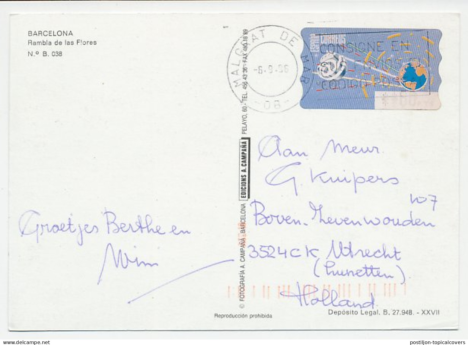 Postcard / ATM Stamp Spain 1996 Globe - Earth - Telecommunication - Télécom