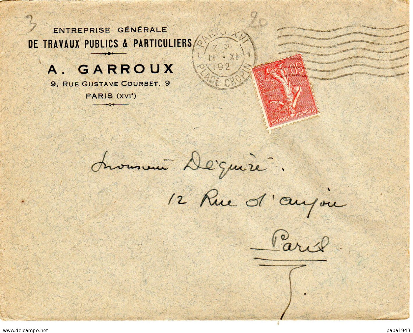 CAD PARIS 39  "  A GARROUX  T P "  Place Chopin  PARIS XVI° - Lettres & Documents