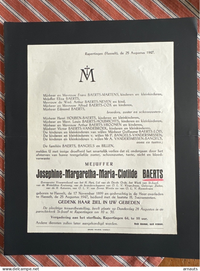 Mejuffer Josephine Baerts *1899 Hasselt +1947 Hasselt Rapertingen Bangels Billen Neven Cox Neven Houben Vroonen Vandersm - Décès