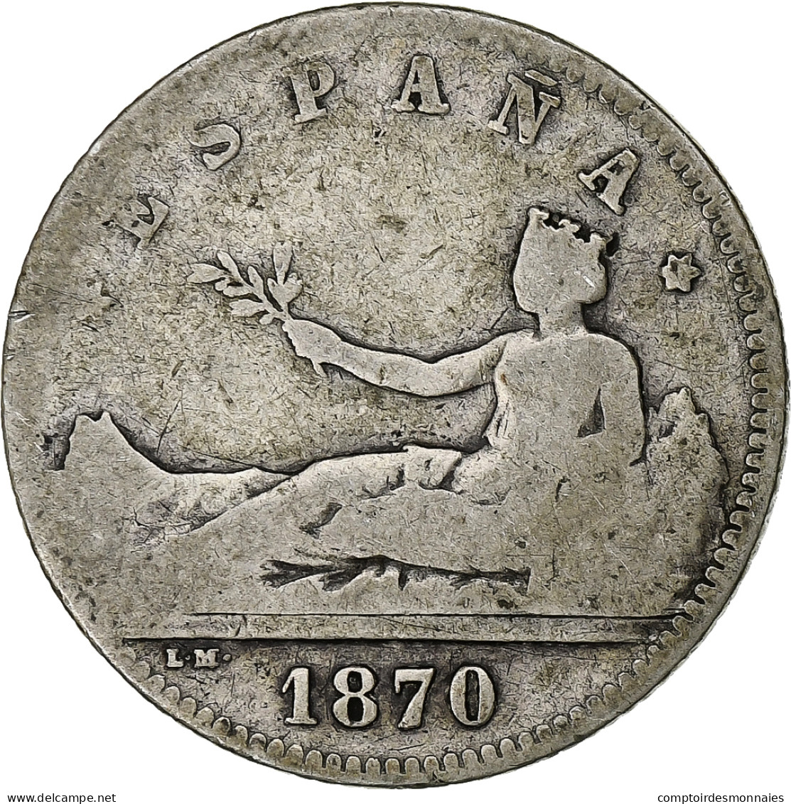 Espagne, Peseta, 1870, Argent, B+ - Erstausgaben