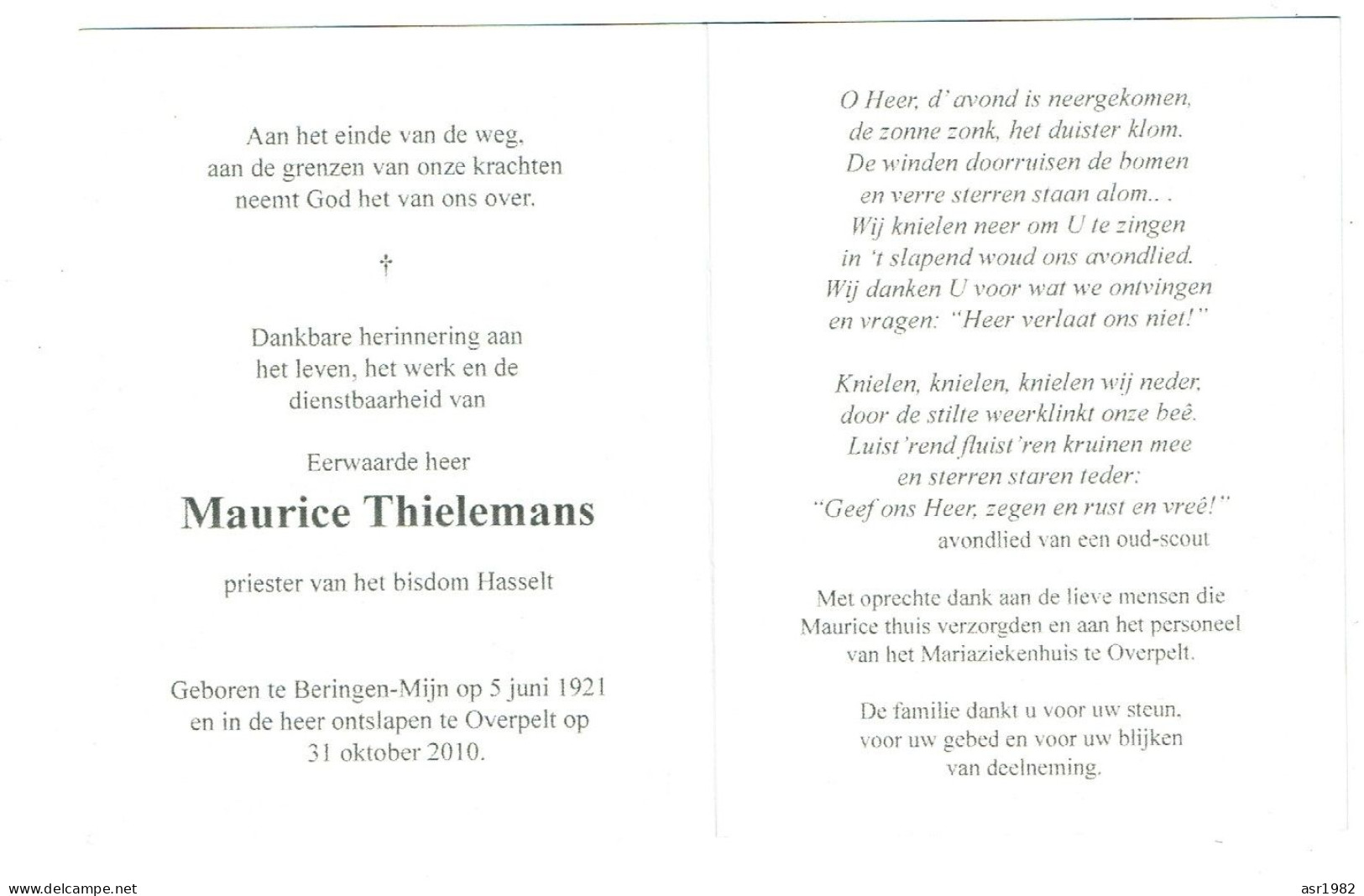 Doodsprentje Pastoor / Priester : Beringen-Mijn - Overpelt : E.H Maurice Thielemans . - Religione & Esoterismo