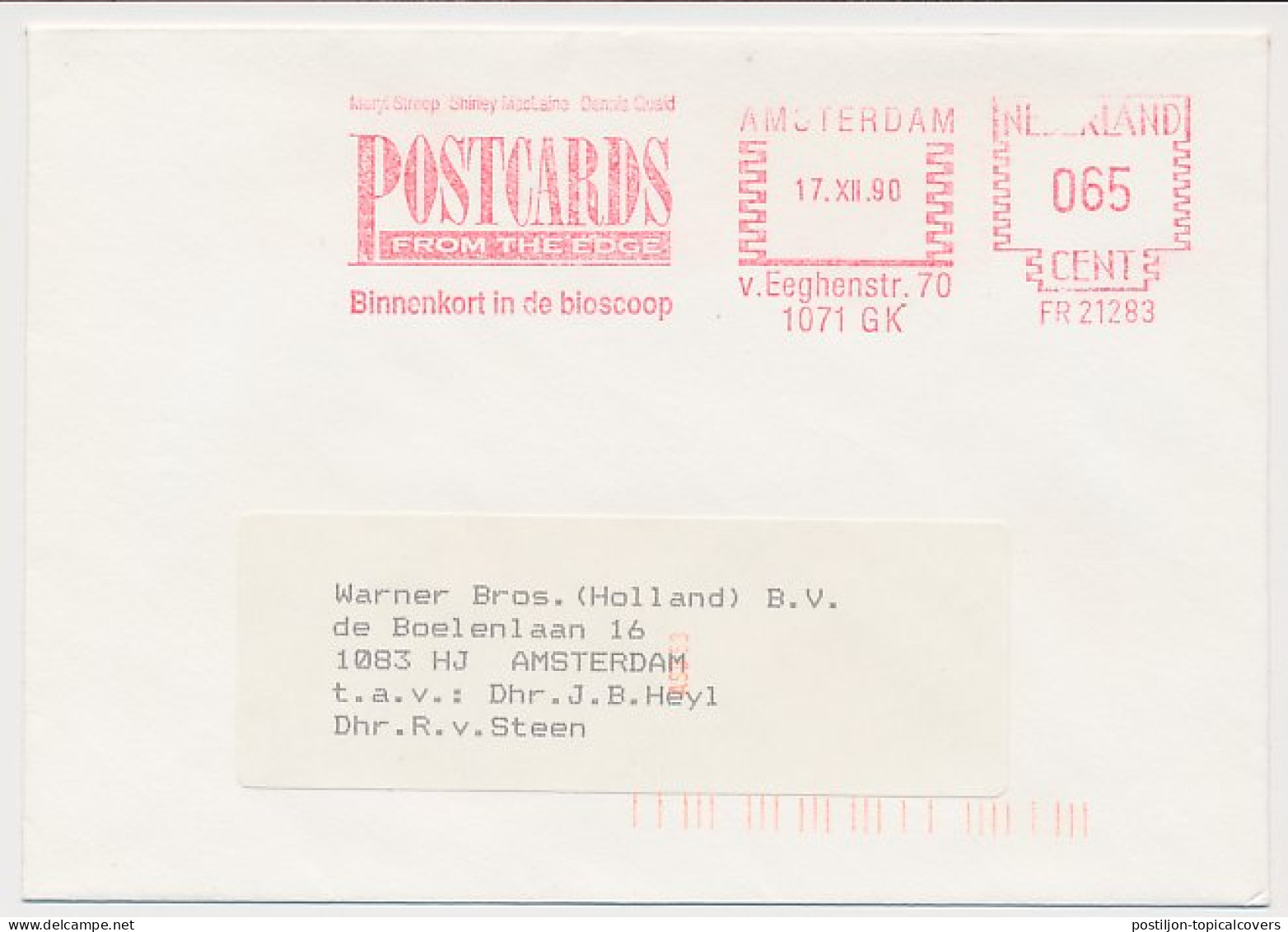 Meter Cover Netherlands 1990 Postcards From The Edge - Movie - Kino