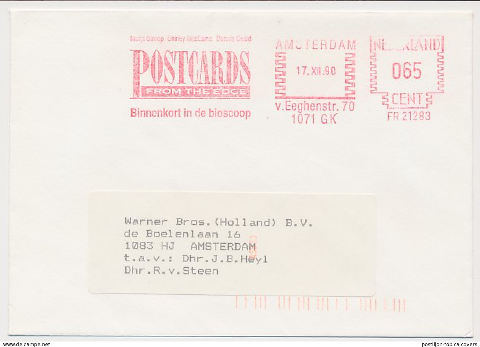 Meter Cover Netherlands 1990 Postcards From The Edge - Movie - Cinéma