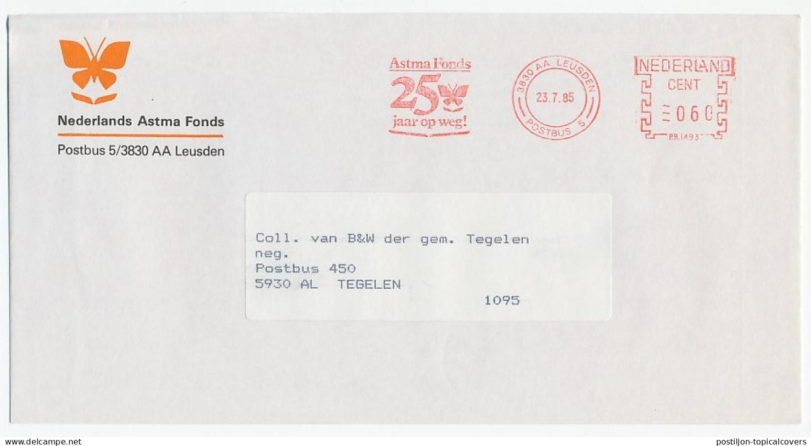 Meter Cover Netherlands 1985 Asthma Fund - Butterfly - Autres & Non Classés