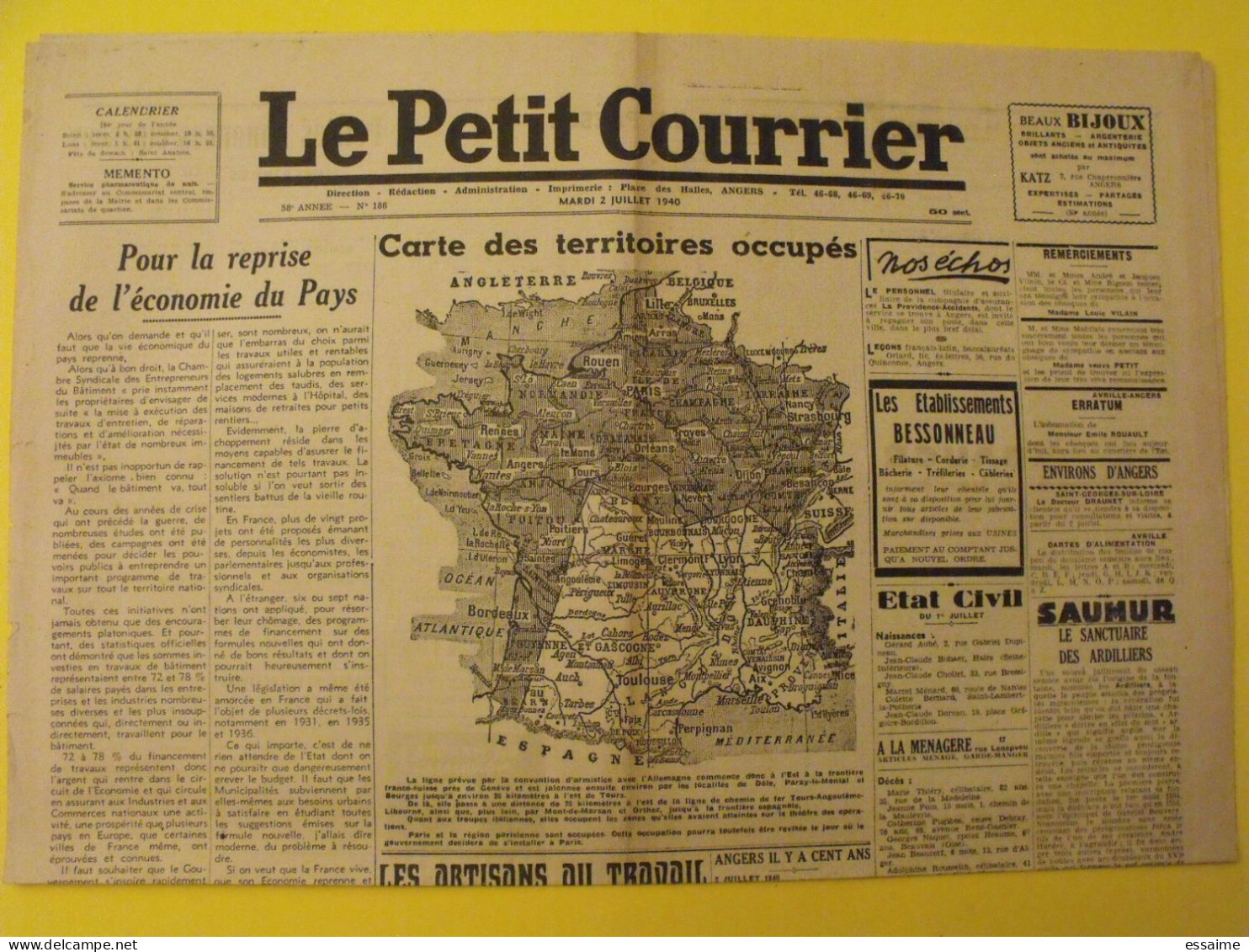 Le Petit Courrier N° 186 Du 2 Juillet 1940. Carte Des Territoires Occupés Angers Baugé Cholet Saumur - Guerre 1939-45